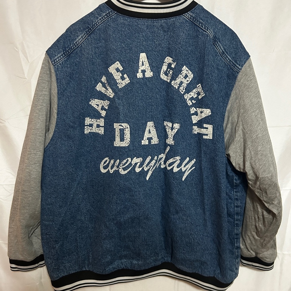 H&M Denim Varsity Jacket XL Blue Grey Snap Front Graphic Back